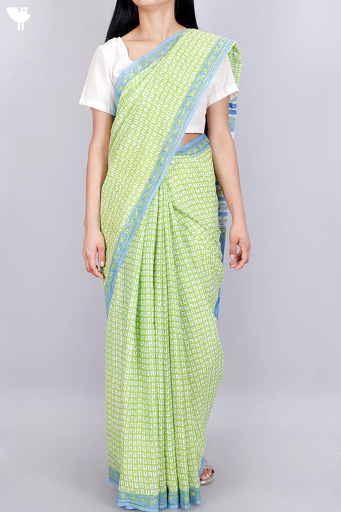 Mulmul Cotton Saree In Block Print
