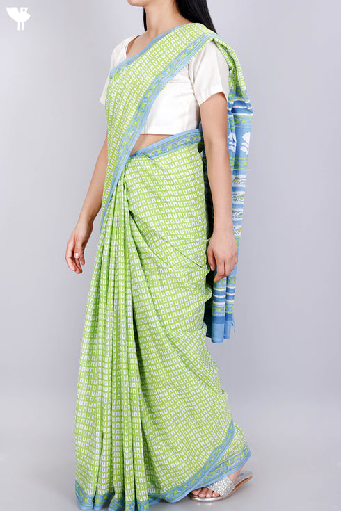 Mulmul Cotton Saree In Block Print