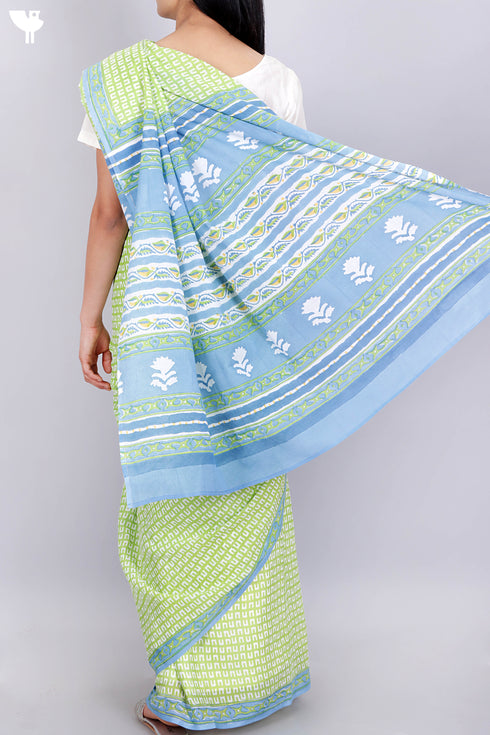 Mulmul Cotton Saree In Block Print