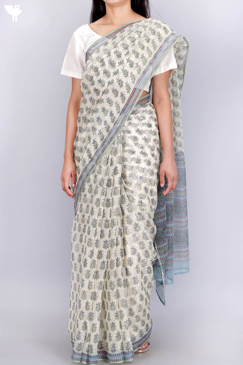 Kota Doria Saree In Floral Block Print