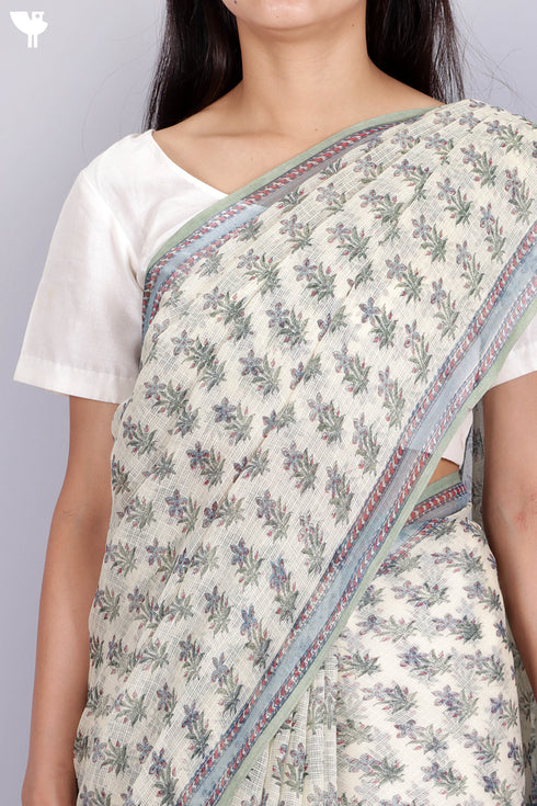 Kota Doria Saree In Floral Block Print