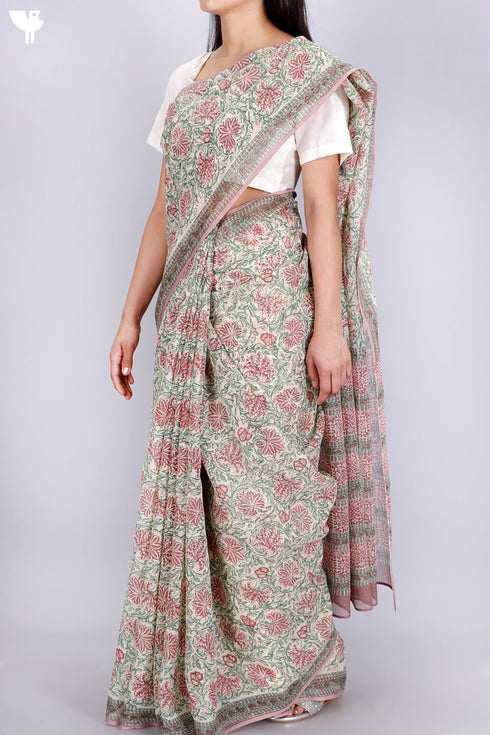 Kota Doria Saree In Floral Block Print