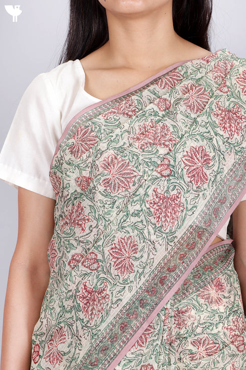 Kota Doria Saree In Floral Block Print