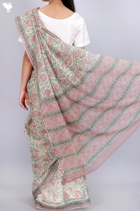 Kota Doria Saree In Floral Block Print