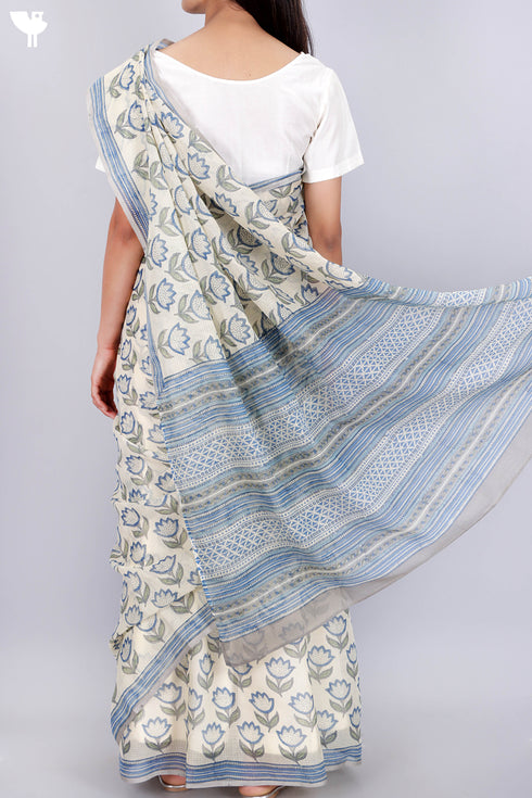 Kota Doria Saree In Floral Block Print
