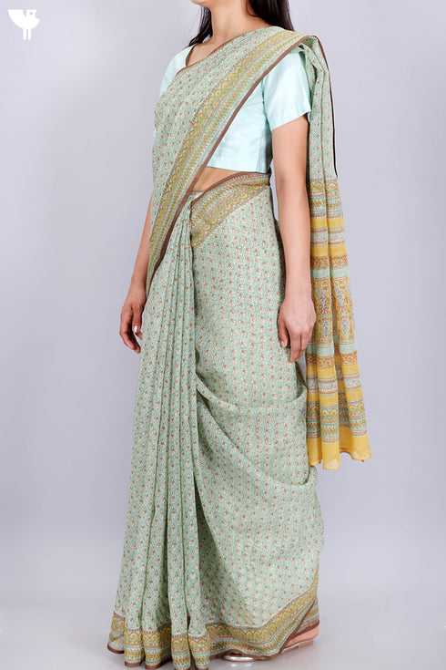 Kota Doria Saree In Floral Block Print