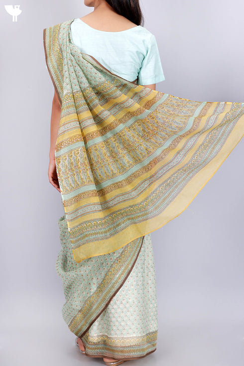 Kota Doria Saree In Floral Block Print