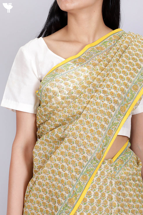 Kota Doria Saree In Floral Block Print