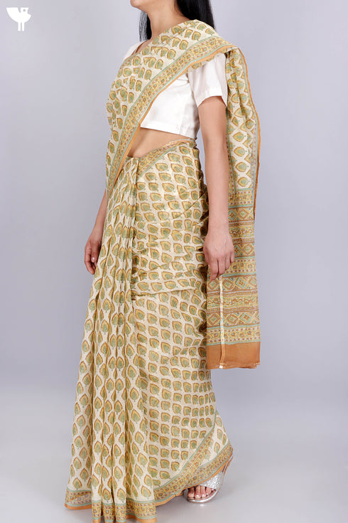 Kota Doria Saree In Floral Block Print