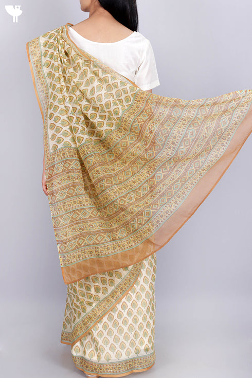 Kota Doria Saree In Floral Block Print