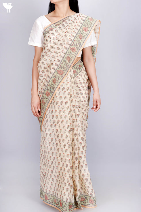 Kota Doria Saree In Floral Block Print