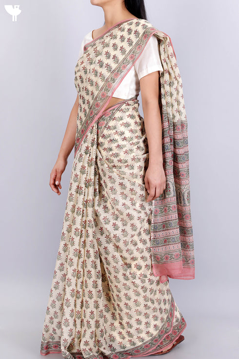 Kota Doria Saree In Floral Block Print