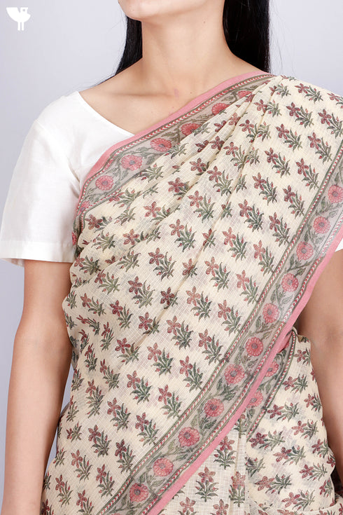 Kota Doria Saree In Floral Block Print