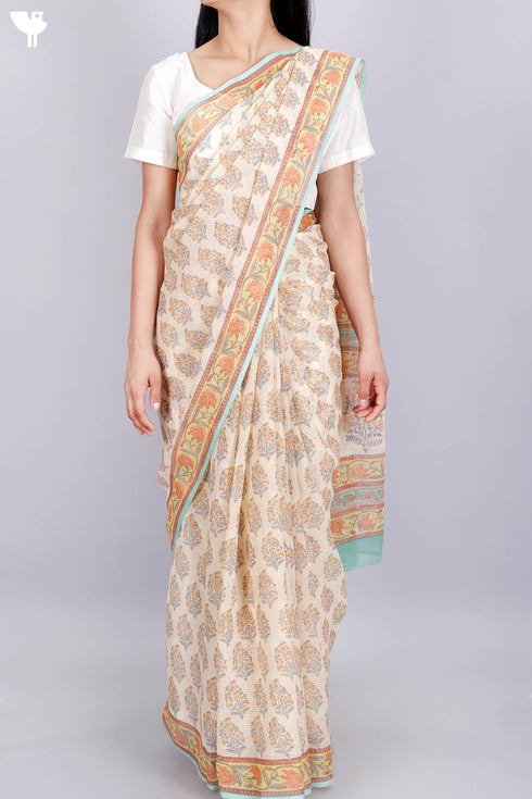 Kota Doria Saree In Floral Block Print