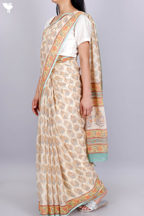 Kota Doria Saree In Floral Block Print