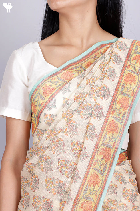 Kota Doria Saree In Floral Block Print
