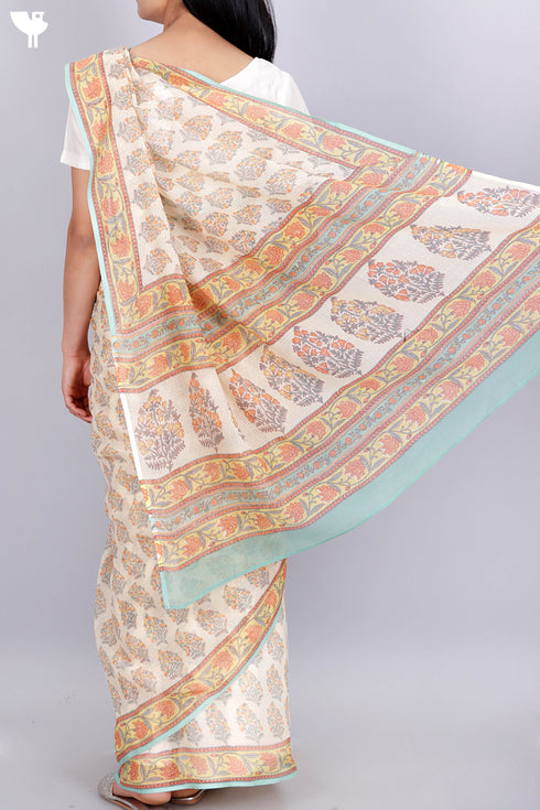Kota Doria Saree In Floral Block Print