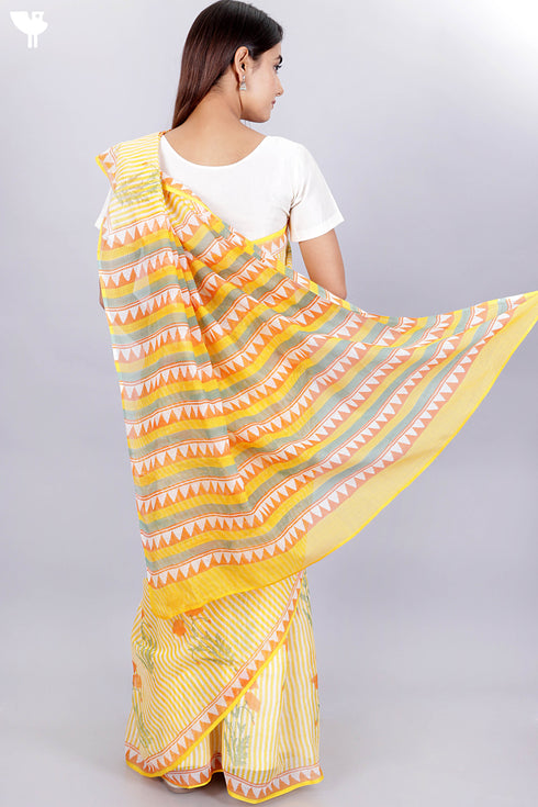 Kota Doria Saree In Floral Block Print