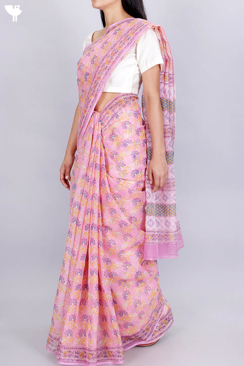 Kota Doria Saree In Floral Block Print