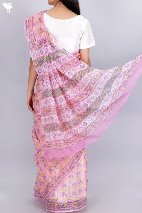 Kota Doria Saree In Floral Block Print