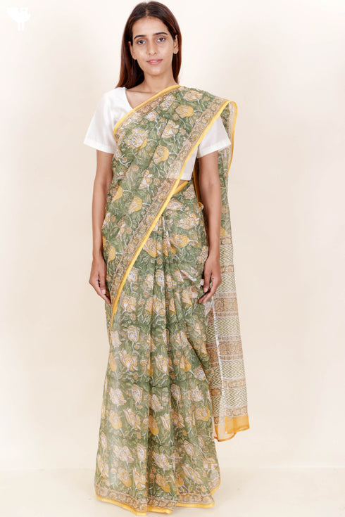 Kota Doria Saree In Floral Block Print