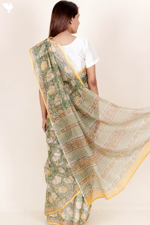 Kota Doria Saree In Floral Block Print