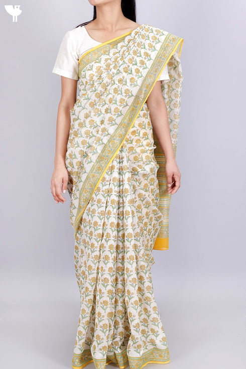 Maheshwari Saree In Floral Block Print