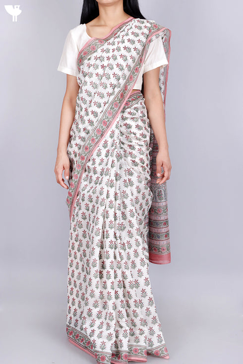 Maheshwari Saree In Floral Block Print