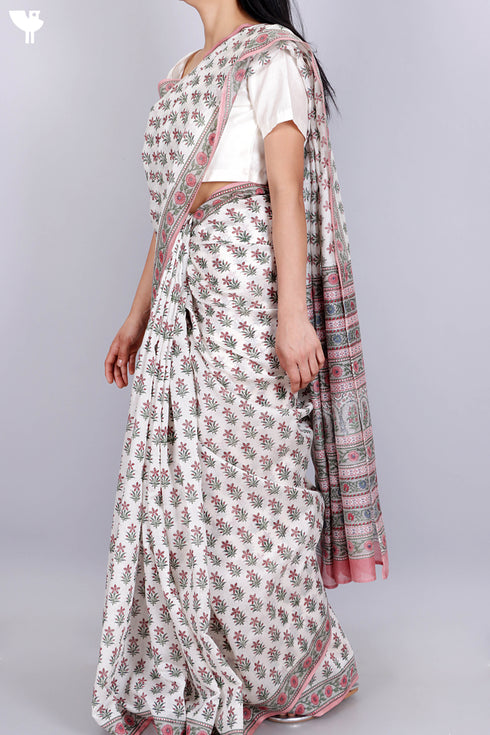 Maheshwari Saree In Floral Block Print