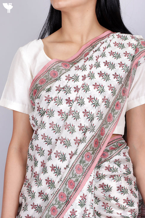 Maheshwari Saree In Floral Block Print