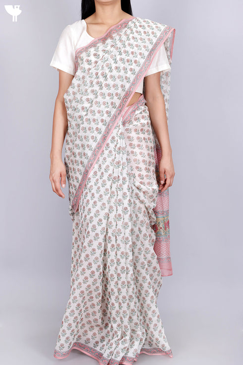Maheshwari Saree In Floral Block Print