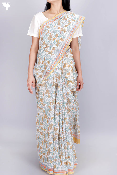 Maheshwari Saree In Floral Block Print