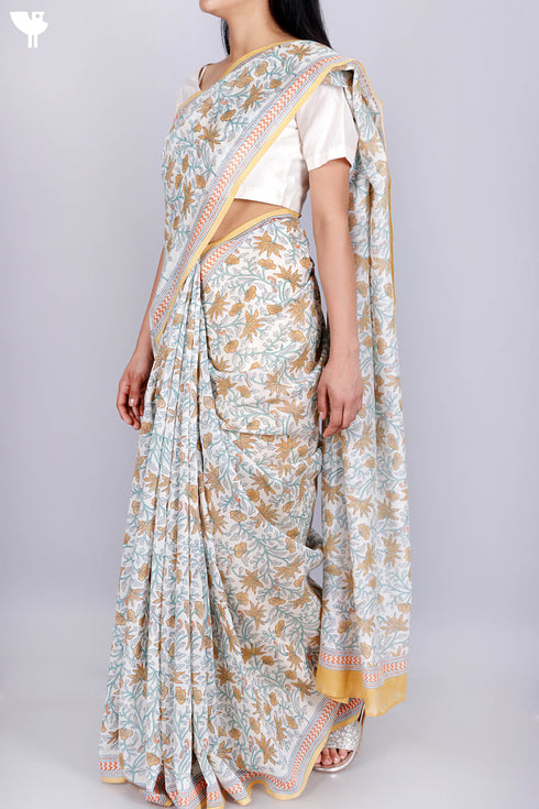 Maheshwari Saree In Floral Block Print