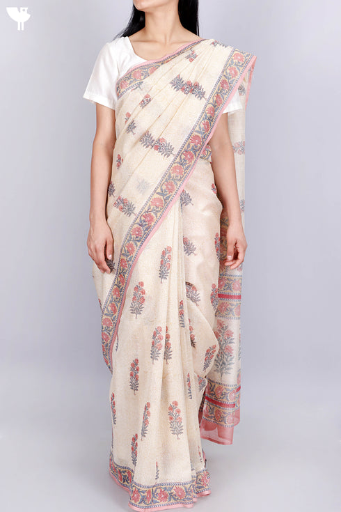 Maheshwari Saree In Floral Block Print