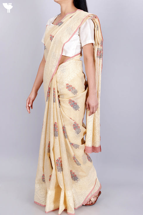 Kota Doria Saree In Floral Block Printwith Chikankari Embroidery