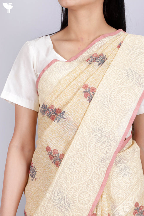 Kota Doria Saree In Floral Block Printwith Chikankari Embroidery