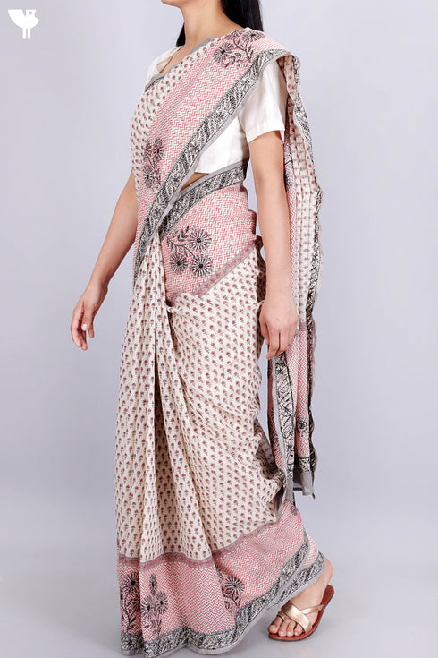 Kota Doria Saree In Floral Block Printwith Chikankari Embroidery