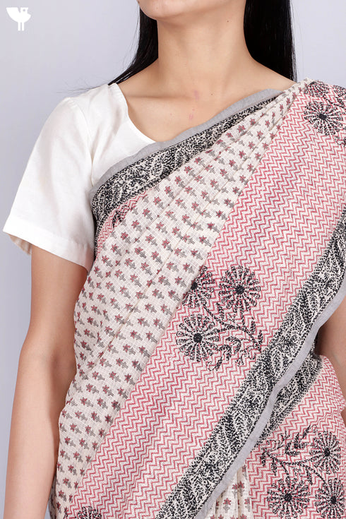 Kota Doria Saree In Floral Block Printwith Chikankari Embroidery
