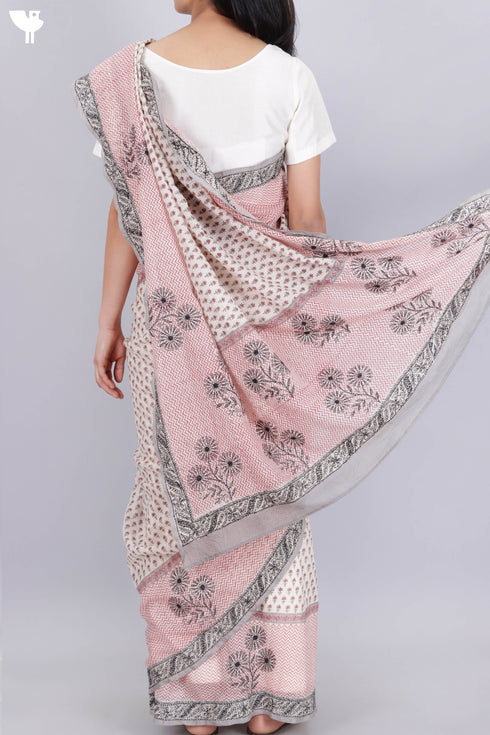 Kota Doria Saree In Floral Block Printwith Chikankari Embroidery