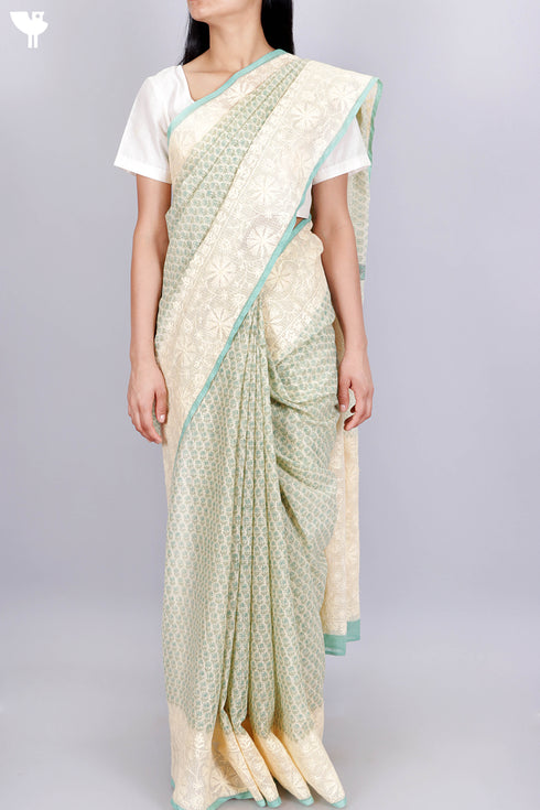 Kota Doria Saree In Floral Block Print with Chikankari Embroidery