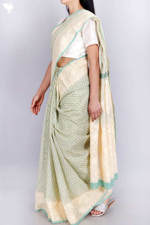Kota Doria Saree In Floral Block Print with Chikankari Embroidery
