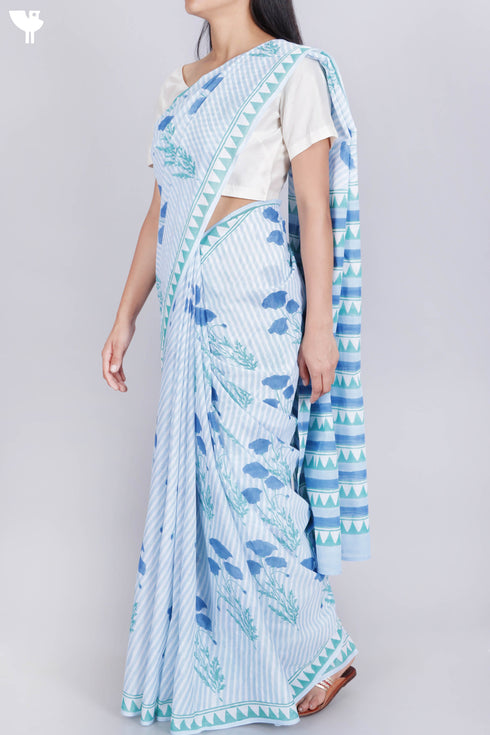 Mulmul Cotton Saree In Block Print