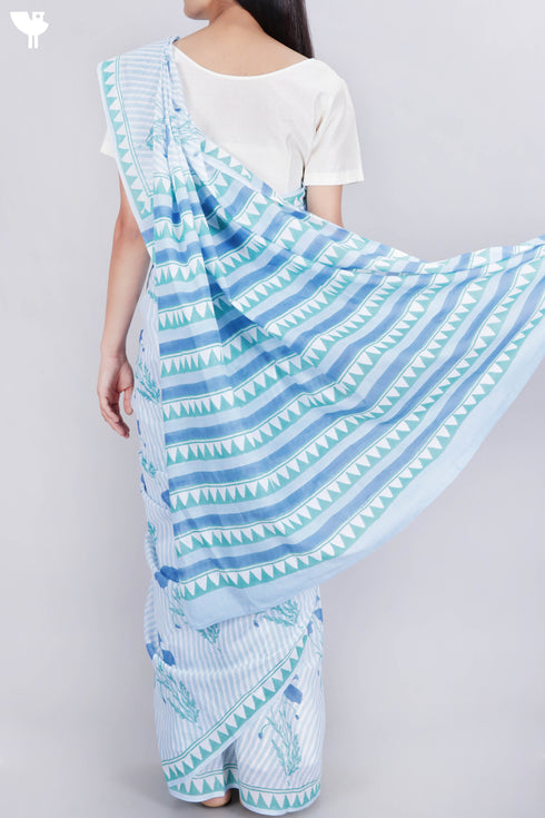 Mulmul Cotton Saree In Block Print