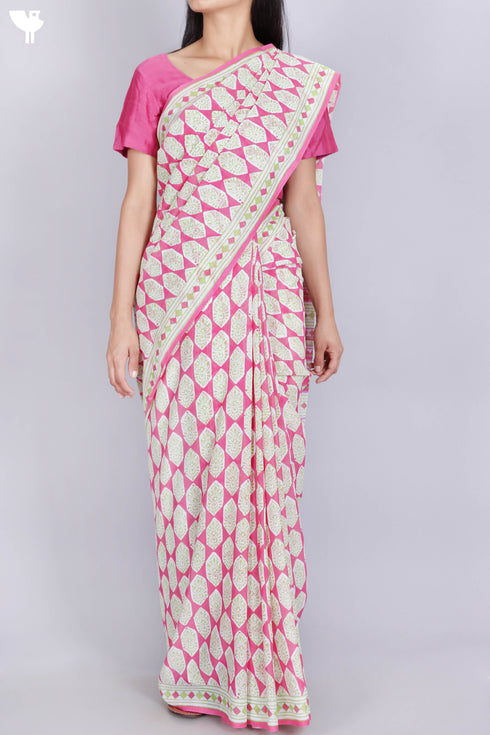 Mulmul Cotton Saree In Block Print