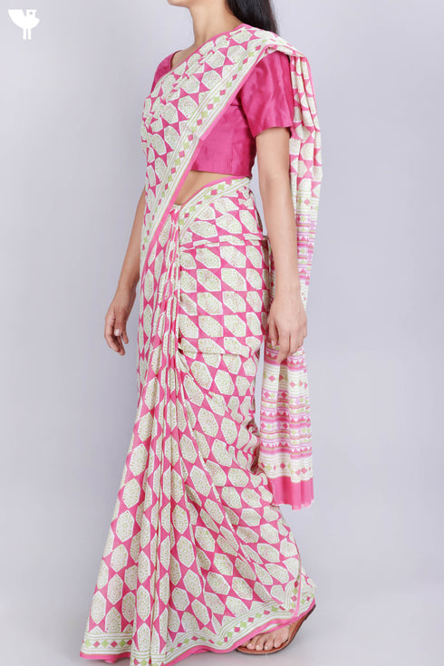 Mulmul Cotton Saree In Block Print