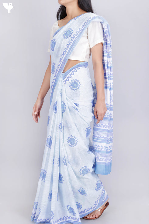Mulmul Cotton Saree In Block Print