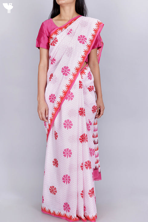 Mulmul Cotton Saree In Block Print