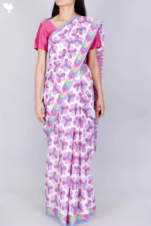 Mulmul Cotton Saree In Block Print