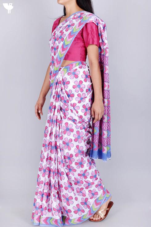Mulmul Cotton Saree In Block Print