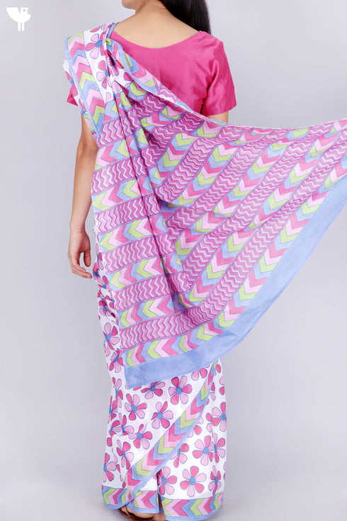 Mulmul Cotton Saree In Block Print